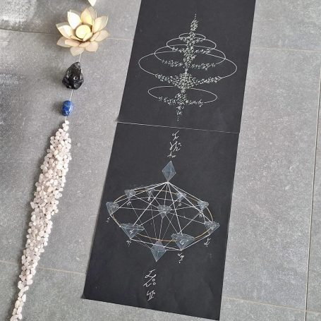 Activatie van Diamanten Bewustzijn Tekening van een chakrasysteem met edelstenen en een lotus bovenop een stenen vloer.